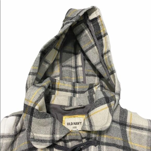 Old Navy Plaid Wool Winter Jacket With Hood‎ Toggle Jacket Gray Yellow Small - Picture 2 of 11